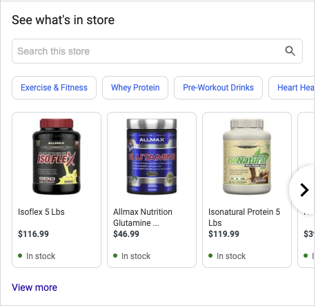Supplement shop's online catalog via Google