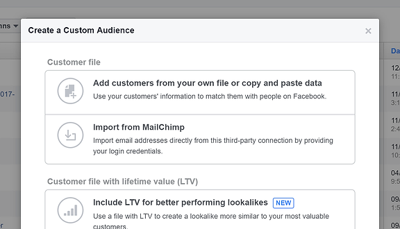 Create a custom audience, Facebook Ads Manager