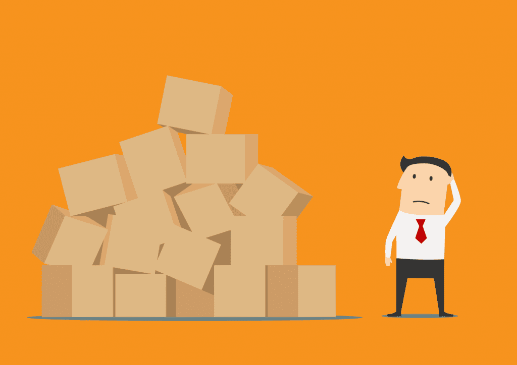 Cartoon of man looking at overflowing cardboard boxes