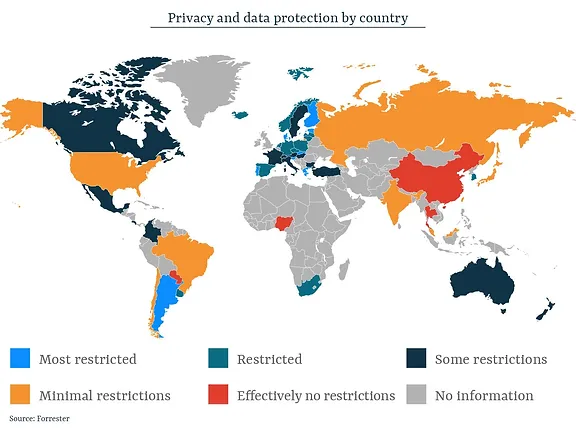 World map showing privacy and data protection by country