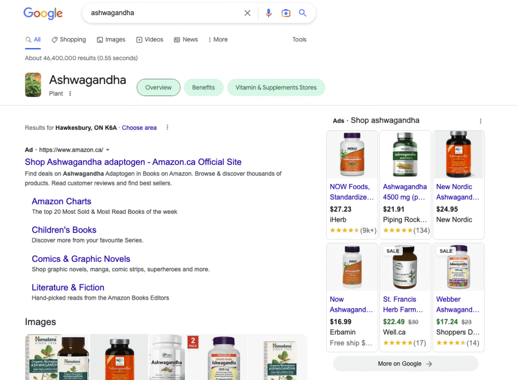 Google search results for the supplement ashwagandha with a shop feed