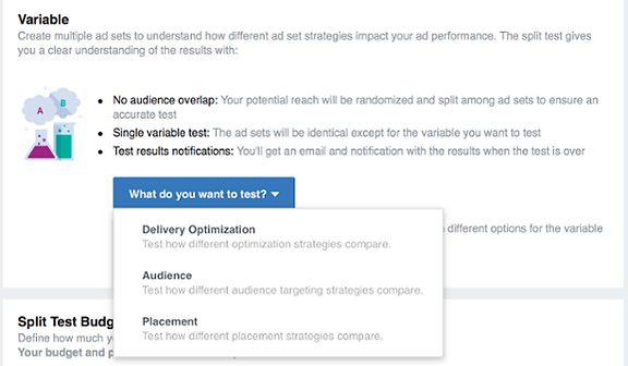 Choosing test objective on FB ads