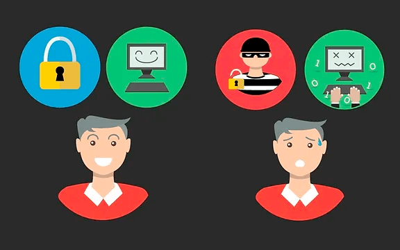 2 illustrations of the same man. In the first one on the left he is happy since his computer is secure. On the second image he is stressed out because hackers have accessed his business computer