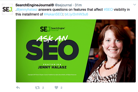 Search Engine Journal's tweet showcasing their question session with SEO expert Jenny Halasz